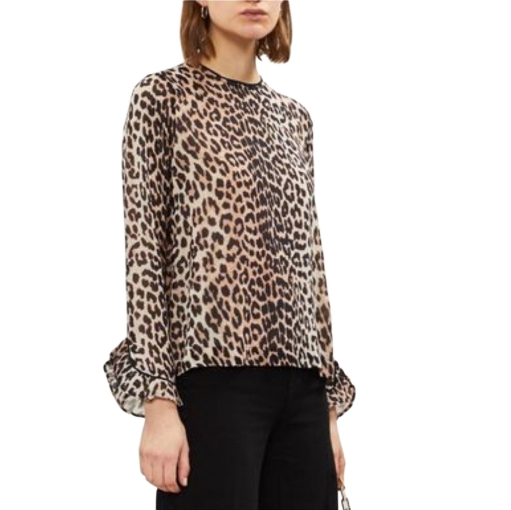 Ganni Mullin Georgette Animal Print Blouse  In Size U.S 6